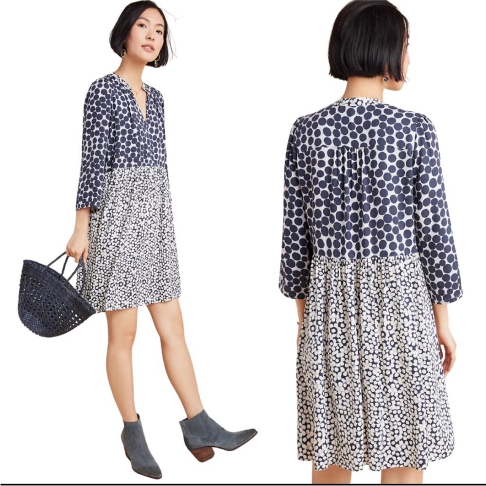 MAEVE Juno Printed Viscose 7/8 Sleeve Dress. Navy & White Polka Dot. Small.